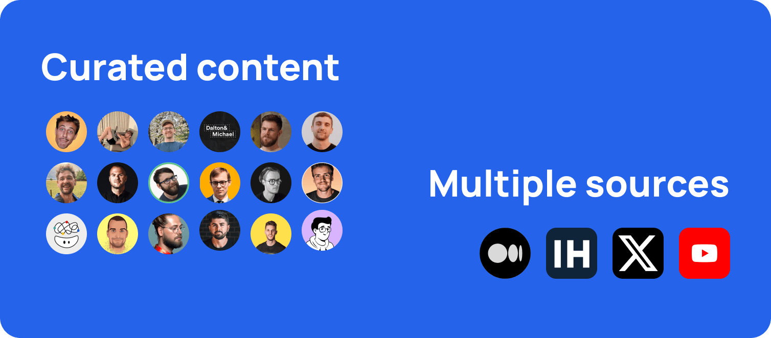 Curated content from multiple sources like Indie Hacker, Youtube, Medium and Twitter.